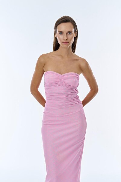 Quzu Straplez Tül Elbise Astarlı Pembe