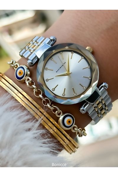 Navimarine Yellow/silver Colored Steel Cord Women's Wrist Watch and Evil Eye Beaded Bracelet