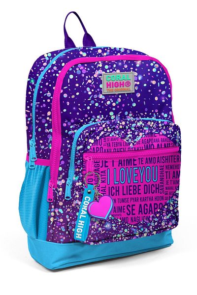 Yaygan Coral High Kids Purple Blue Pink Heart Patterned 3-Piece School Bag Set 0123740