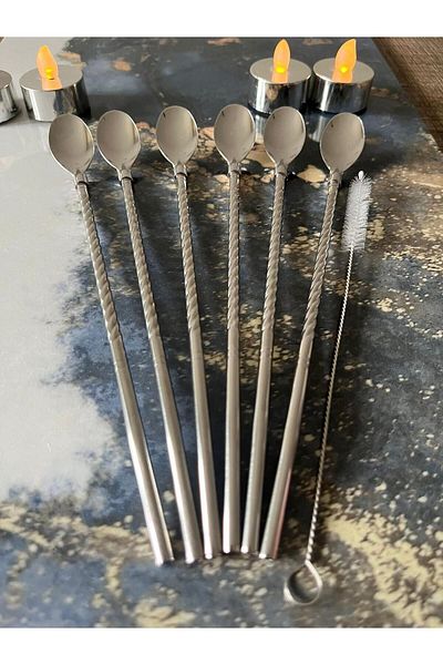 DİBA AVM 22 Cm 6-Piece Stainless Chrome Cocktail Bar Spoon and Cleaning Brush - Latte Set with Straw