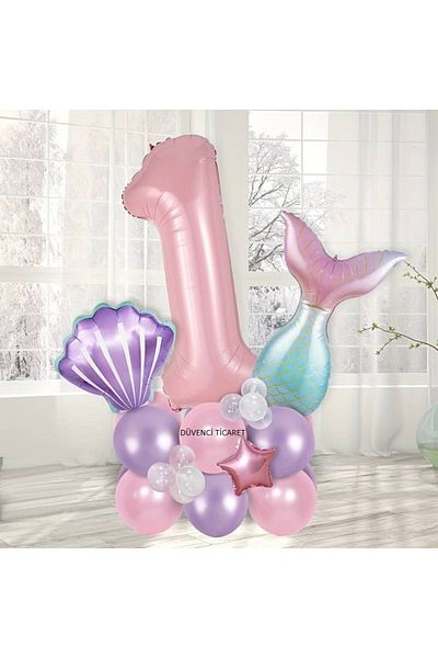 DÜVENCİ TİCARET 24 Pieces Mermaid Birthday - Ornament Shell Large Number Balloons Themed Parties