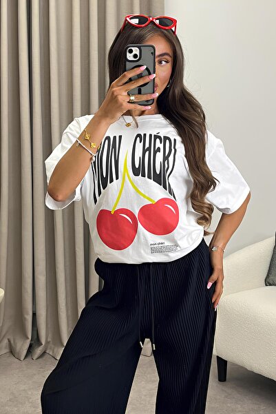 Jose Clothing Tricou oversize din bumbac organic cu imprimeu cireșe