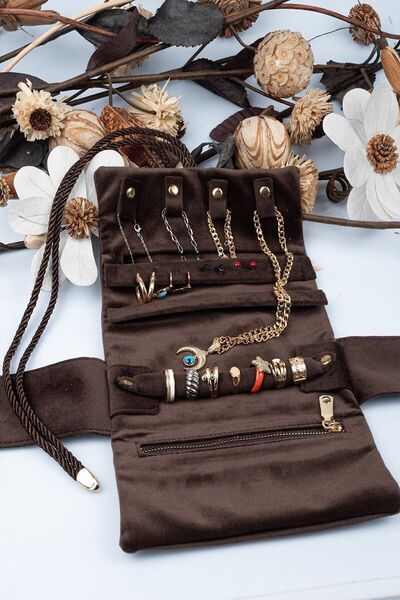 Gold Box منظم مجوهرات وحقيبة سفر قابلة للطي، بني داكن