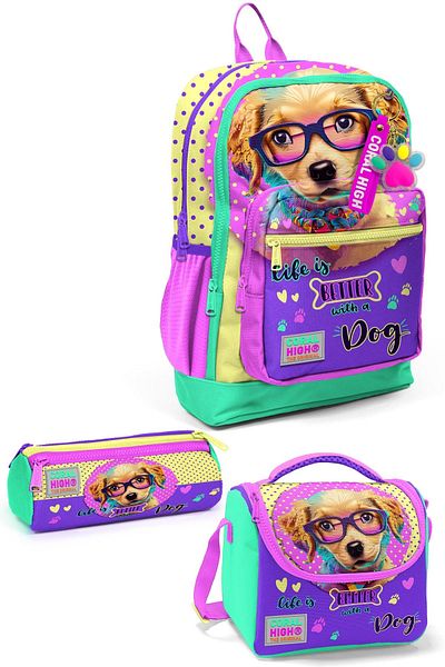 Yaygan Coral High Kids - Yellow Pink Dog Pattern 3-piece School Bag Set Set 0123752