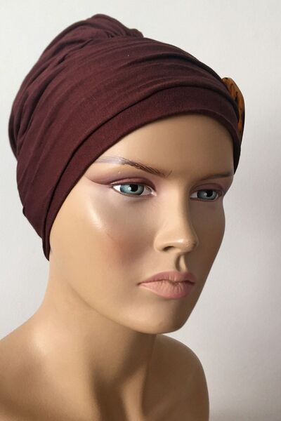 Vera Έτοιμο καπό τουρμπάνι, χτενισμένο βαμβακερό καπό, καφέ λουράκι, γυναικείο μανίκι, λεπτομερές εξωτερικό καπό