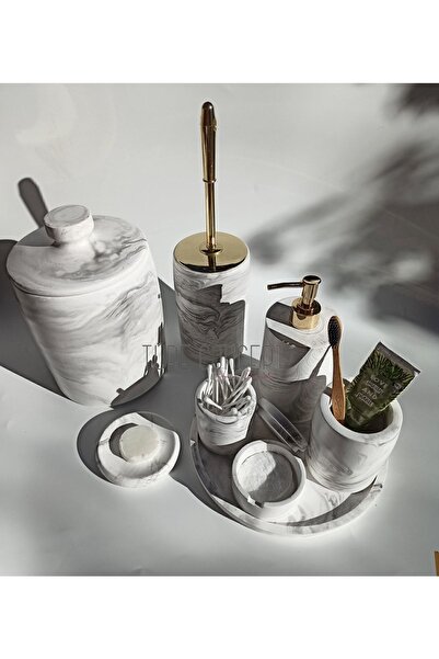 Ture Concept Σετ μπάνιου Marble Look Κάδος απορριμμάτων, βούρτσα τουαλέτας, δίσκος, θήκη σαπουνιού, βαμβακερή θήκη, θήκη για κελύφη