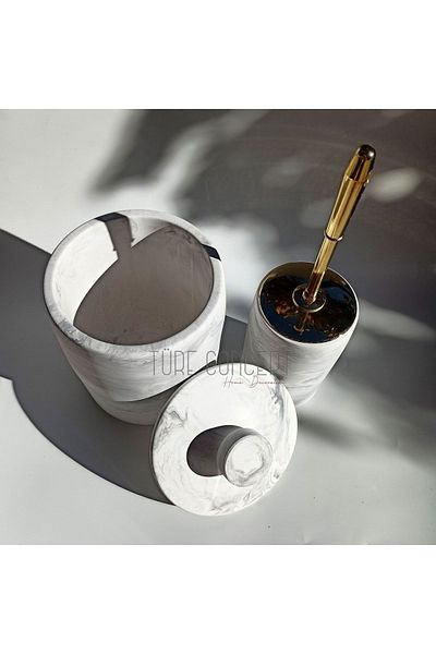 Ture Concept Marble Patterned Matte Bathroom Garbage Can & Toilet Brush