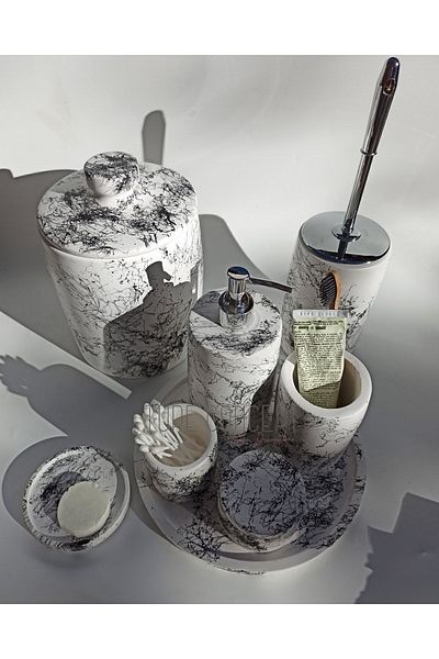 Ture Concept Bathroom Set Tray, Trash Can, Toilet Brush, Liquid Soap Dispenser, Solid Soap Dispenser, Cotton Dispenser, Fluff Dispenser