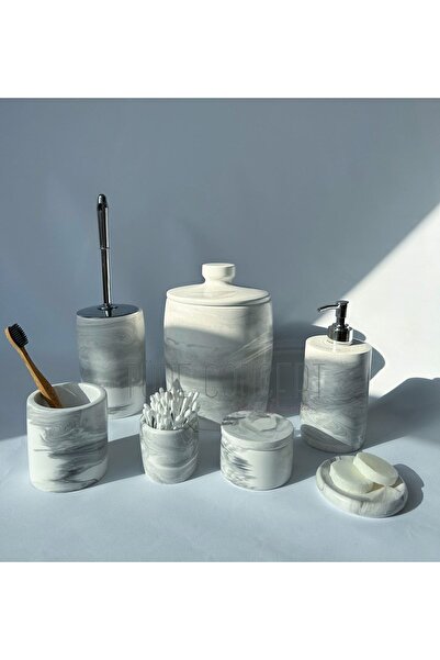 Ture Concept Σετ μπάνιου με μαρμάρινο σχέδιο - Κάδος απορριμμάτων, τουαλέτα, πιάτο σαπουνιού, θήκη για βαμβάκι και ράβδο μπατονέτας