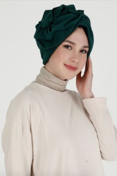 Vera Καπάκι κολύμβησης έτοιμο τουρμπάνι Hijab Hijab Γυναικείο καπάκι κομψό φλοράλ ραμμένο με επένδυση σμαραγδί πράσινο