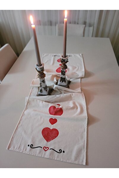 HMM DESİGN Sevgililer günü Doğal Pamuk Keten Özel El Baskılı kalpler Runner &...