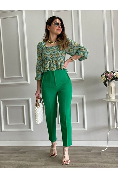 Tebessüm Life Pantaloni din material verde smarald cu talie înaltă