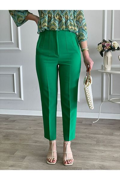 Tebessüm Life Pantaloni din material verde smarald cu talie înaltă