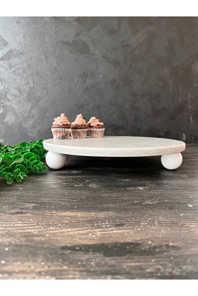 İDAY HOME Marble Presentation Tundra Wooden White Ball Footed Decorative Plate