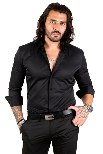 DeepSEA Cămașă neagră pentru bărbați, din satin de bumbac, cu guler slim fit2209615