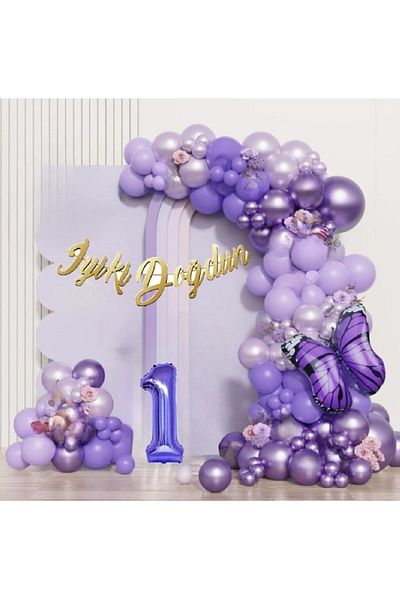 DÜVENCİ TİCARET Purple Butterfly Pattern - Luxury Simple Birthday Party Set, Purple Number Ornament
