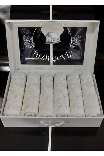 Hızlı Çeyiz Laced Satin Embroidered Patterned Boxed Luxury Dowry Set 50x90 Set of 6 Hand and Face Towels