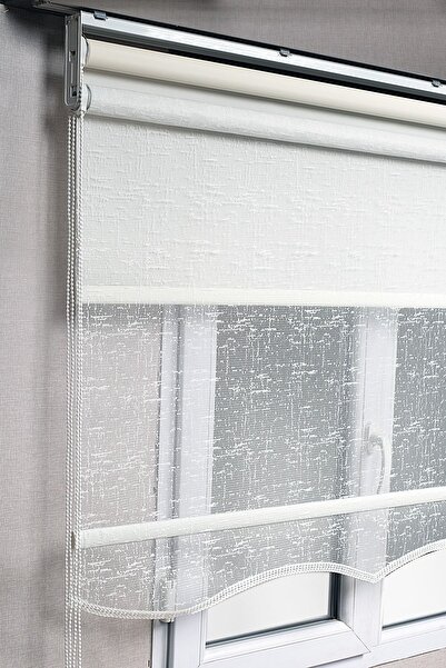 bizdenperde Çift Mekanizmalı Çizgili Kırık Beyaz Tül Ve Stor Güneşlik Perdeler