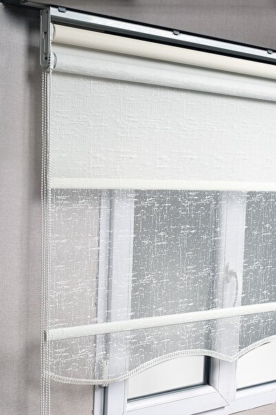 bizdenperde Çiftli Sistem Çizgili Kırık Beyaz Tül + Karartma Blackout Güneşlik Perdeler