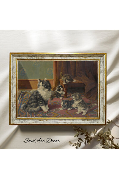 Sanart Pictură de epocă înrămată, pictură cu pisici, pictură în ulei, pictură...