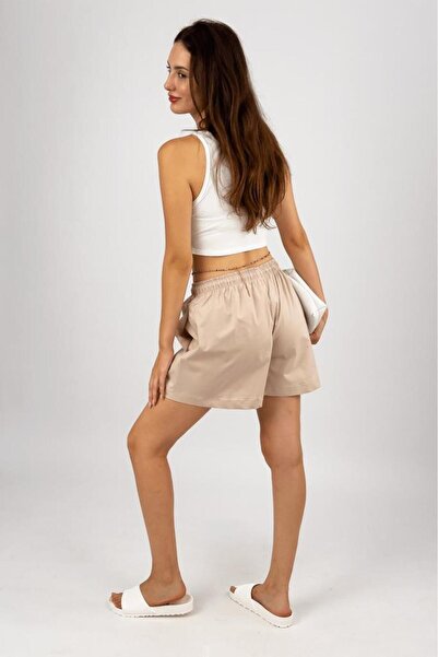 Betimoda Women's Woven Cotton Unprinted Solid Color White Drawstring Elastic Waist Basic Loose Fit Comfortable Short Shorts Beige