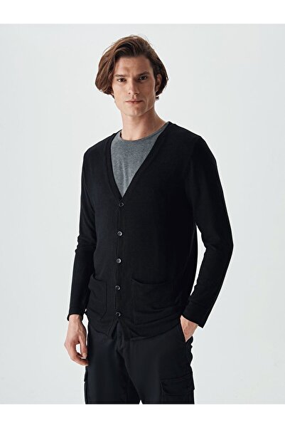 Ltb Buttoned V-Neck Black Cardigan