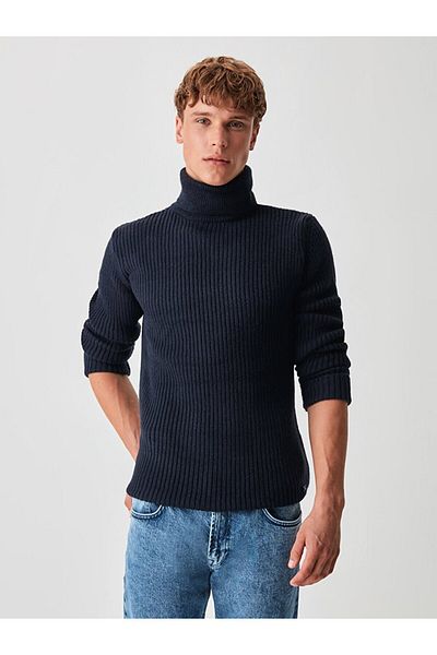 Ltb Ribbed Turtleneck Navy Blue Sweater