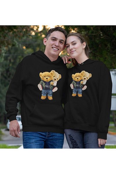 Josette Cool Bears Lover Σετ 2 Φούτερ - Μαύρο εμπριμέ, Oversize Χειμερινή κουκούλα
