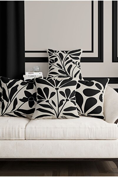 ALAMODECOR Διακοσμητικό κάλυμμα μαξιλαριού ριχτάρι 4 τεμαχίων σε κρεμ μαύρο χρώμα με λουλουδάτο σχέδιο 43x43