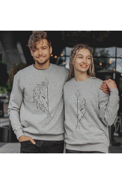 Josette Συνδυασμός ανδρικών φούτερ - 2 τεμαχίων Lion Lover Grey Printed Oversize Winter Crew Neck