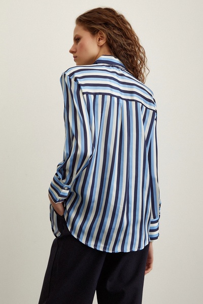 Never more Çizgili Saten Gömlek Lacivert