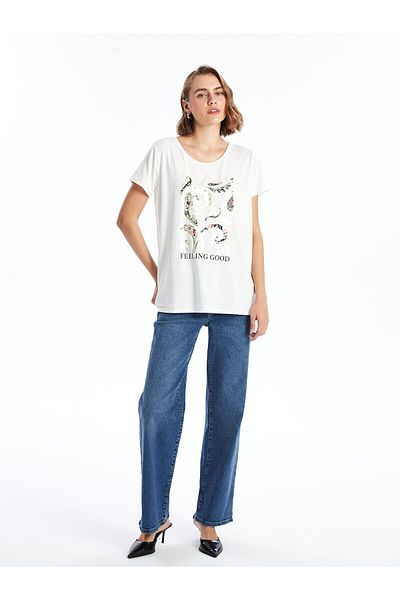 LC Waikiki Γυναικείο T-Shirt LCW - Crew Neck, εμπριμέ, κοντομάνικο