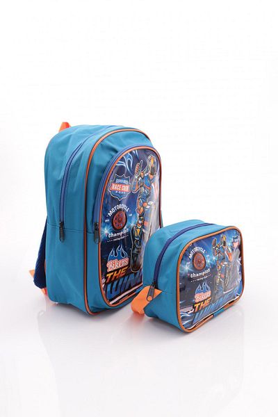 Mbag Men's School Bag and Lunch Bag Set - Mb-715 Blue Motorcycle Pattern