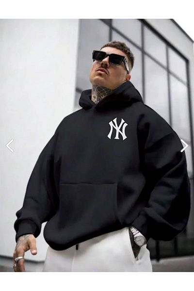Medinenur Men's Black Front Back NY Printed Hooded Sweatshirt