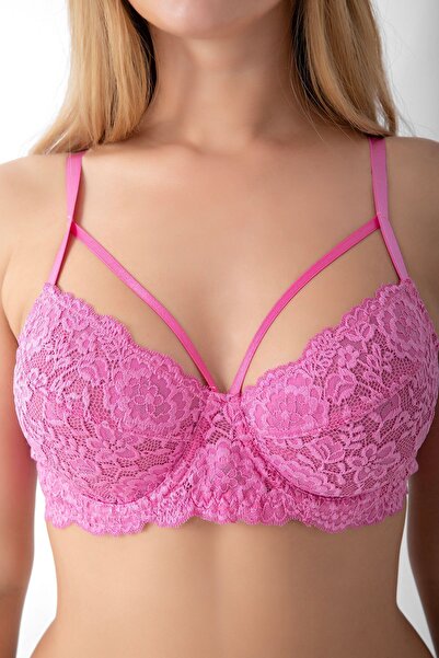 BONBON LINGERIE Kadın Pembe Büyük Beden Çapraz Bant Detaylı Dantelli Balenli Sütyen 4700014-tracy