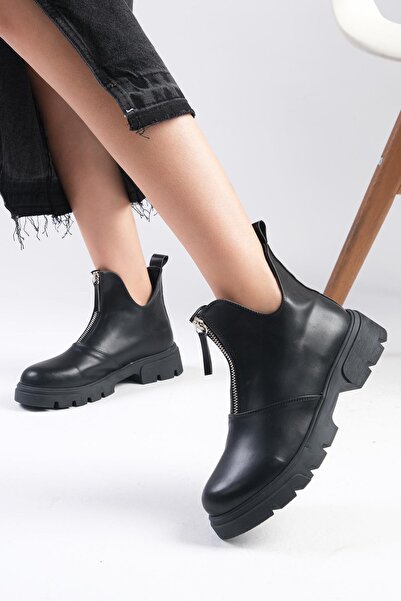 Mio Gusto Jill Siyah Renk Ince Kürk Astarlı Önden Fermuarlı Kalın Tabanlı Kadın Bot