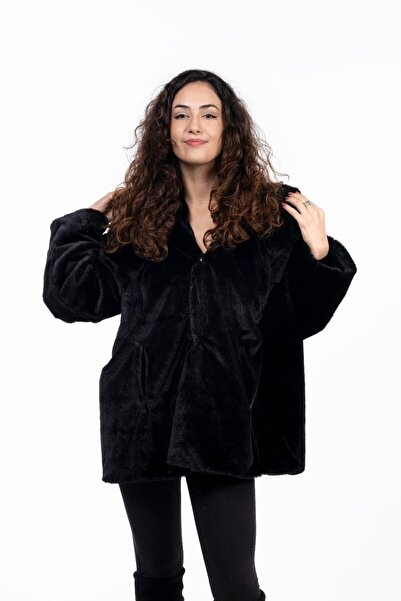 KürkZone Palton de blană neagră cu glugă pentru femei