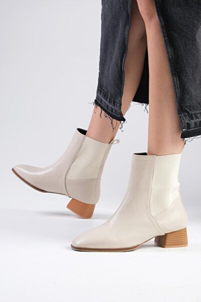 Mio Gusto Shania Bej Renk Ince Kürk Astarlı Lastikli Küt Burunlu Kadın Topuklu Bot