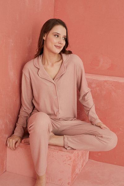 ELİTOL Long Sleeve Mink Interlock Front Buttoned Pajama Set