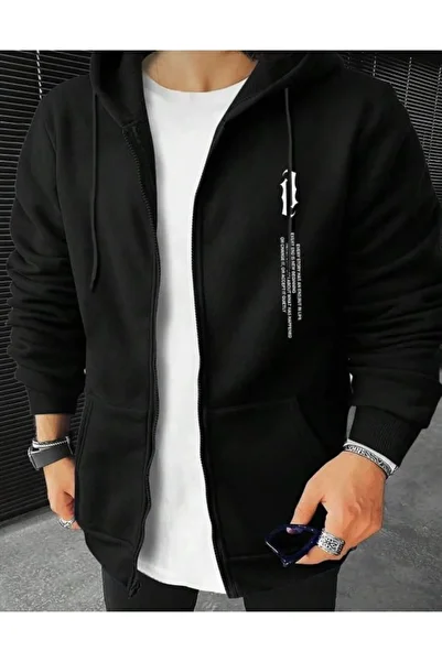 NO 601 Black Men's Jacket - Vertical Printed, Zippered and Thick Fabric