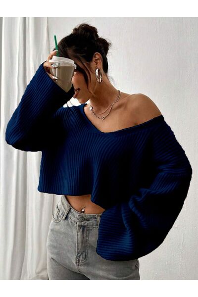 YUGA KNİTTİNG ΠΛΕΚΤΟ CROP ΠΟΥΛΟΒΕΡ ΦΑΡΔΟΣ V λαιμόκοψης