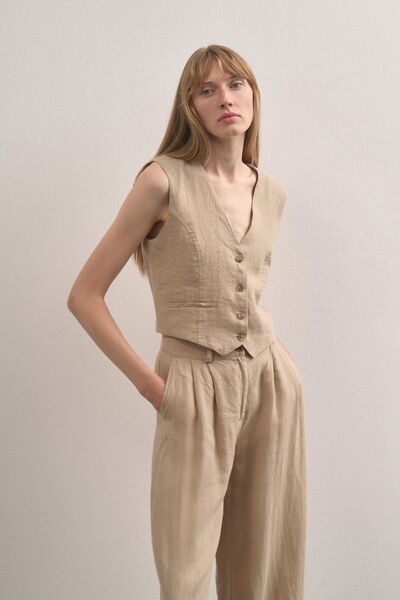Mathilda Store Kadın Sütlü Kahverengi V Yaka Sıfır Kol Special Edition Linen ...