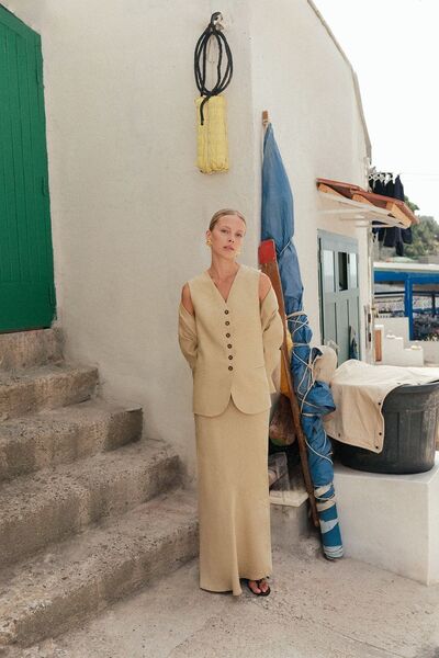 Mathilda Store Set de vestă, fustă și jachetă Luciano pentru femei, verde guler rotund jumătate pernițe pentru umeri talie înaltă