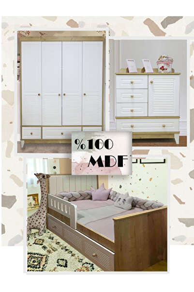 Koza %100 MDF Panjur Ahşap Beyaz Bebek & Çocuk Odası Takımı 4 Kapılı Dolap& K...