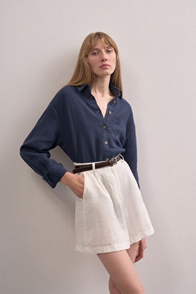 Mathilda Store Kadın Beyaz Yüksel Bel Önü Tek Pile Detaylı Keten Special Edition Linen Mini Şort Düğmeli Cepli