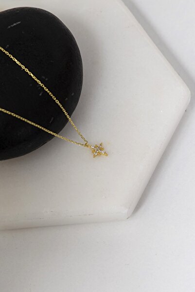 klas gümüş Gümüş Zirkon Taşlı Minimal Kutup Yıldızı Gold Kolye