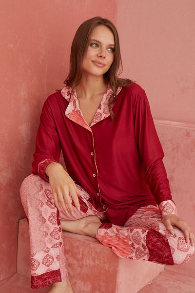 ELİTOL Set de pijamale tricotate cu mânecă lungă, cu nasturi în față, cu model Batik