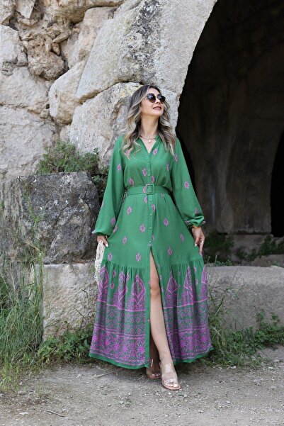 bytugcekaya Yeşil Eteği Pembe Desenli Kemerli Elbise
