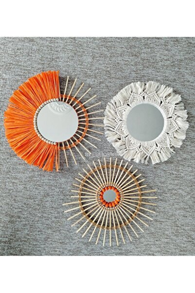 GLSTN By Bohostore Bohem Dekoratif Makrome Ayna, Bohem Rafya Ayna Seti, Dekoratif Ayna, Bambu Ayna