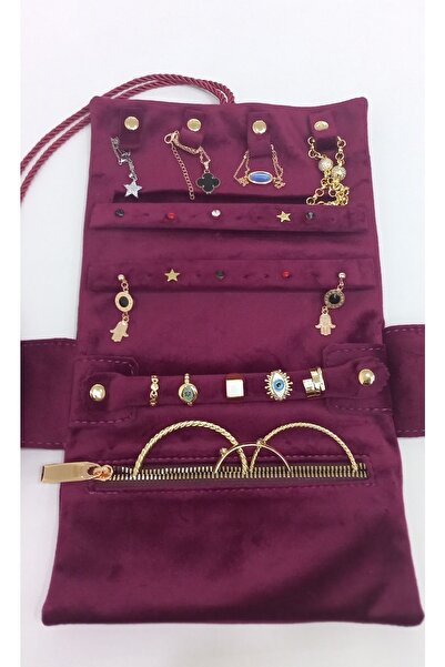 Moda fiesta Jewelry Organizer Foldable Roll Jewelry Case Travel Case (Burgundy)